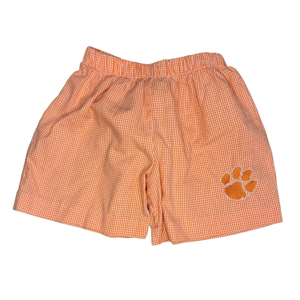 Vive La Fete Orange Gingham Shorts Kids Clemson Paw Print Cotton Blend EUC 2